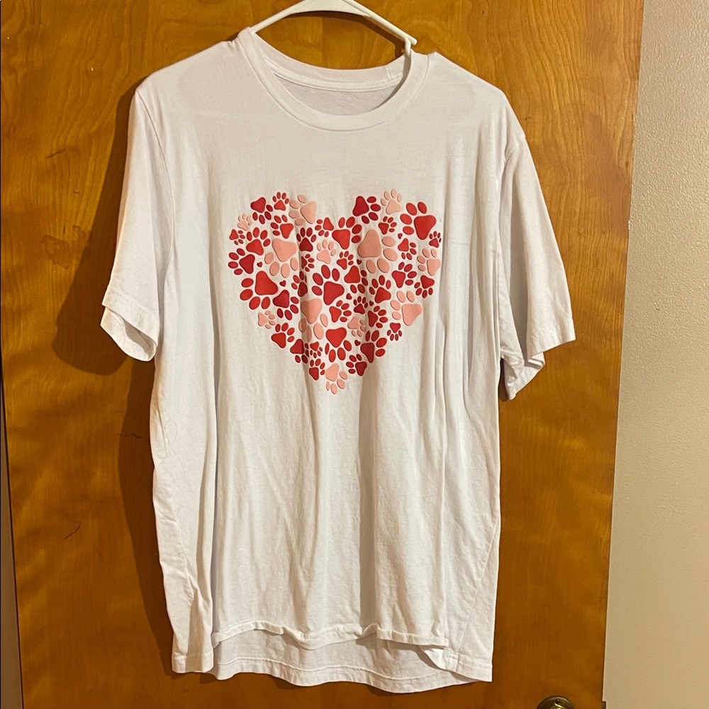 White T-Shirt with Heart and Paw Print Design